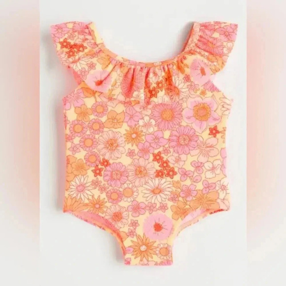 H&M baby girl swimsuit one-piece ruffles toddler floral groovy - Picture 1 of 4